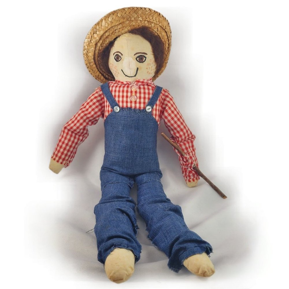 Antique Vintage Rag Doll Farmer with Straw Hat Handmade Scarecrow Primitive Folk